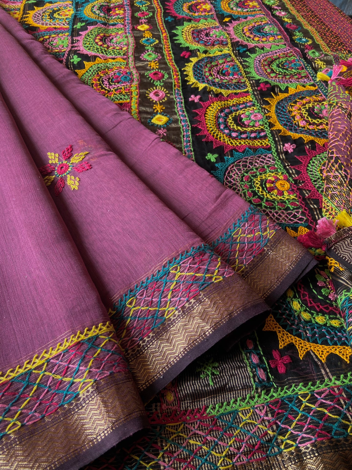 Lambani Embroidered Handwoven Maheshwari Silk-Cotton Saree.